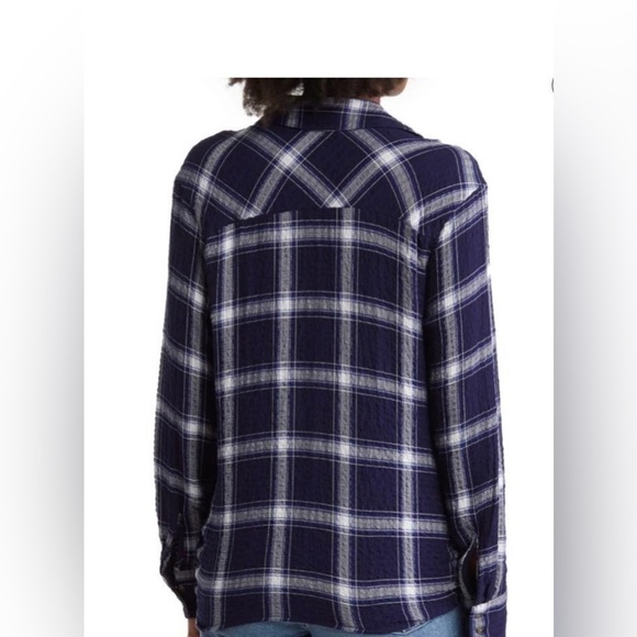 COMO VINTAGE COZY BUTTON DOWN BLUE WHITE PLAID TIE FRONT BLOUSE L - Picture 2 of 2